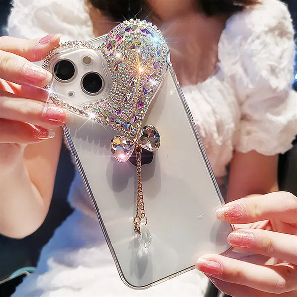 Bling Heart Woman Phone Cases for IPhone 15 Pro Max 14 13 12 Mini 11 XS XR X Plus Coques Camera Protection Cover Glitter Fundas