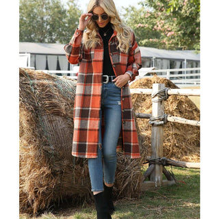 Buy orange-red Autumn Winter Women&#39;s Wool Coat 2021 Streetwear Loose Casual Coat Shirt Jacket Lapel Women&#39;s Fashion Long Plaid Jacket