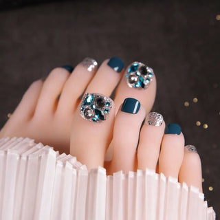 24pcs Blue Color Japanese Summer Wearable Foot Fake Nail Short Length Paillette Faux Rhinestone Decor Finished Press on Toenails