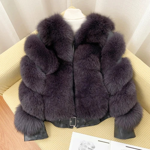 BFFUR Winter Fashion Real Fox Fur Coats for Women Locomotive Style Genuine Sheep Leather Jacket Natural Fox Fur Coat Female 2022