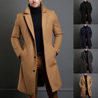 Atutumn Winter Long Warm Wool Trench Coat for Men Solid Color Single Breasted Luxury Wool Blends-Overcoat Tops Coats Clothing