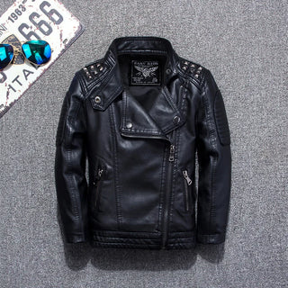 Buy black Children&#39;s Leather Jackets 2022 New Autumn Winter Boy&#39;s Rivets PU Leather Jacket Fashion Kids Coats