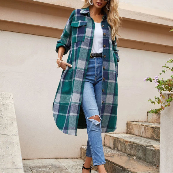 Autumn Winter Women's Wool Coat 2021 Streetwear Loose Casual Coat Shirt Jacket Lapel Women's Fashion Long Plaid Jacket