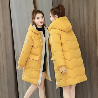 Buy yellow 2024 Winter Women Jacket Coats Long Parkas Female Down Cotton Hooded Overcoat Thick Warm Jackets Windproof Casual Student Coat