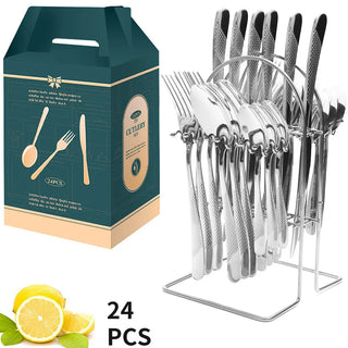 Buy as-the-picture27 24 Pcs Stainless Steel Cutlery Hammer Pattern Ceramic Handle Knife Fork Spoon Set Cutlery Set Travel Cutlery Set Flatware Set