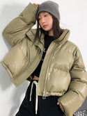 PU Leather Jackets Women Autumn Winter Thicken Warm Cropped Down Coats Korean Fashion Casual Loose Stand Collar Puffy Outerwear