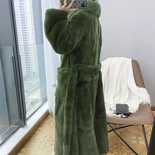 Buy green 2023 Plus Size 5xl Winter Coat Women Fashion Belt X Long v Neck Thick Warm Faux Fox Fur Winter Coats for Women  B051