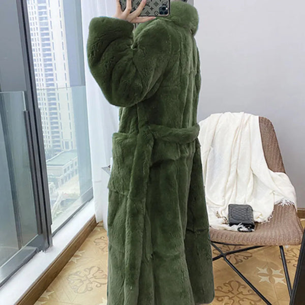 2023 Plus Size 5xl Winter Coat Women Fashion Belt X Long v Neck Thick Warm Faux Fox Fur Winter Coats for Women  B051