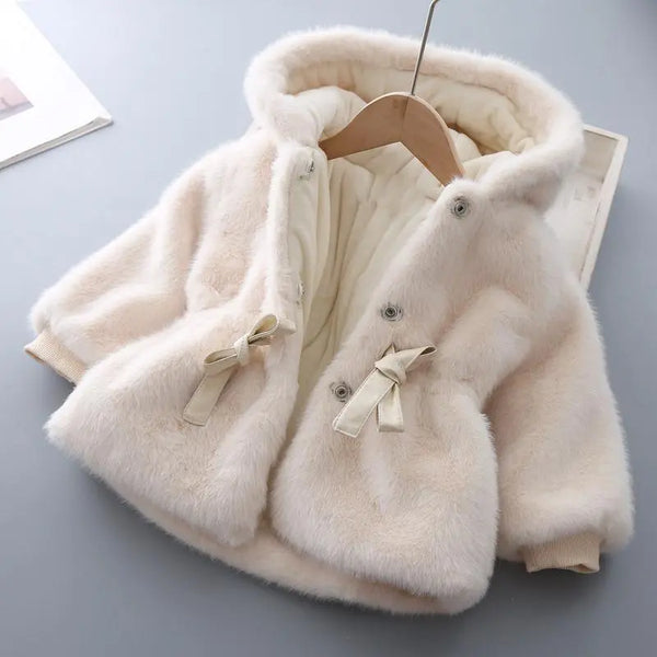 2021 Girls Kids Winter Coat Fake Fur Soft Velvet Thickening Warm Hooded Coats Cute Baby Belt Overcoats Children Clothing 0-8t