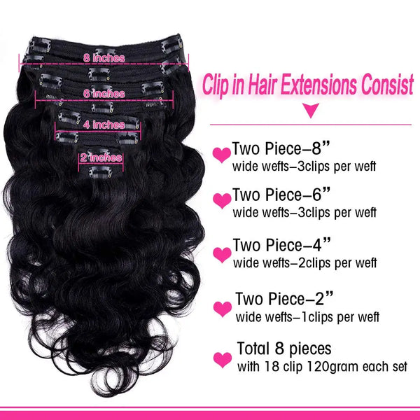 Body Wave Clip in Hair Extensions 100% Human Hair With Double Weft Brazilian Clip in 8Pcs 120G for Black Woman Clip Ins Hair #1B