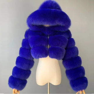 Buy royal-blue High Quality Furry Cropped Faux Fur Coats and Jackets Women Fluffy Top Coat With Hooded Winter Fur Jacket Manteau Femme