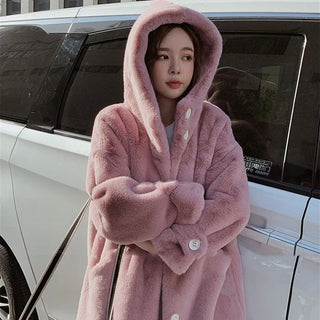 Buy pink 2021 New Winter Women Faux Rabbit Fur Coat  Loose Long Fur Coat Large Size Hooded OverCoat Thick Warm Female Plush Coats