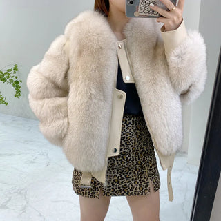 Buy light-khaki BFFUR Winter Fashion Real Fox Fur Coats for Women Locomotive Style Genuine Sheep Leather Jacket Natural Fox Fur Coat Female 2022