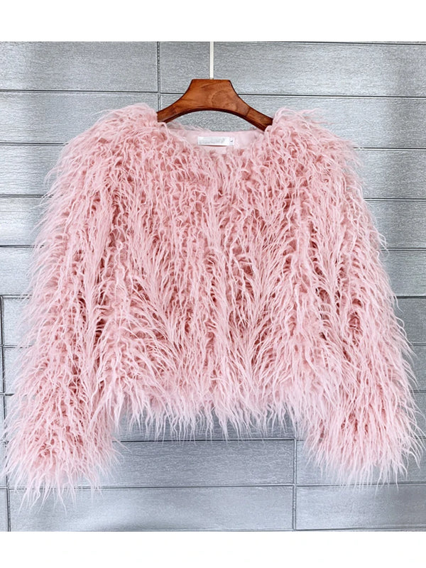 Colorful Boho Furry Faux Fur Coat Women Fur Coats Autumn Winter Pink White Shaggy Faux Fur Jacket Tops Festival Clothing