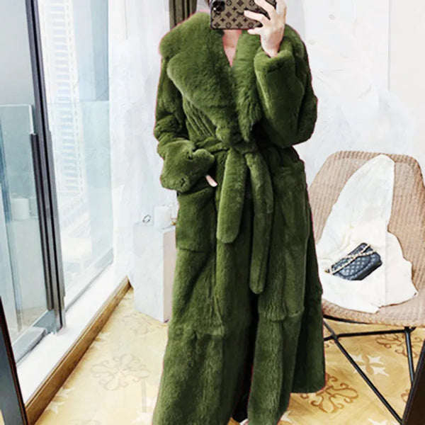 2023 Plus Size 5xl Winter Coat Women Fashion Belt X Long v Neck Thick Warm Faux Fox Fur Winter Coats for Women  B051