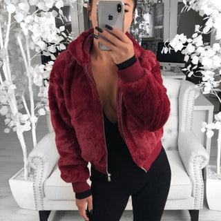 Buy wine-red Wholesale High Quality Solid Color Hooded Imitation Fur Coat Winter Plus Size Women&#39;s Coats