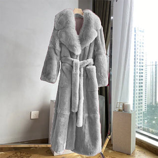 Buy gray 2023 Plus Size 5xl Winter Coat Women Fashion Belt X Long v Neck Thick Warm Faux Fox Fur Winter Coats for Women  B051