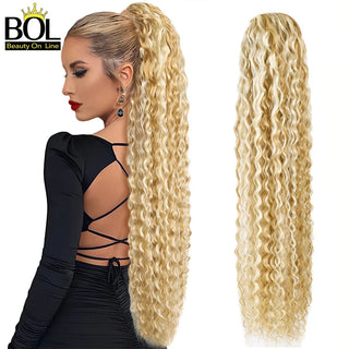 Buy cw-p18-613 BOL Synthetic Kinky Curly Ponytail Drawstring Ponytail 24/30/32 Inch Hair Extension Chip-In Organic Clip Wrap Ponytail Fake Hair