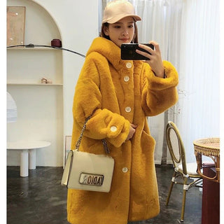 Buy orange 2021 New Winter Women Faux Rabbit Fur Coat  Loose Long Fur Coat Large Size Hooded OverCoat Thick Warm Female Plush Coats