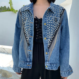 Buy blue 2023 Autumn Denim Jacket Coat Women Rivet Tassel Chain Short Coats Woman Loose Streetwear Long Sleeve Black Coats Outerwear