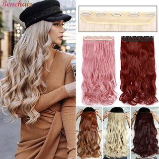 BENEHAIR Synthetic Hairpieces 24" 5 Clips in Hair Extension One Piece Long Curly Hair Extension for Women Pink Red Purple Hair