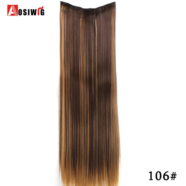 AOSIWIG Long Straight Natural Fake Hairpieces Black Brown Color  High Temperture Synthetic 5 Clip in Hair Extensions for Women