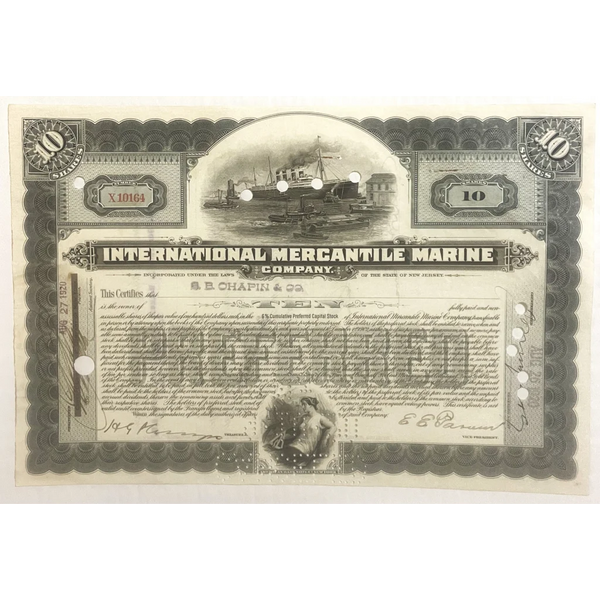 Antique 1910s - 1920s Titanic International Mercantile Marine Stock Certificate - Gray