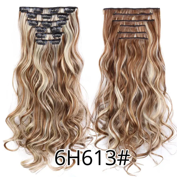 Alileader 22Inch Synthetic Long Curly 16Clips Clip in Hair Extensions Body Wave Hairpiece 6Pcs Resistant Fiber Ombre Blond Women