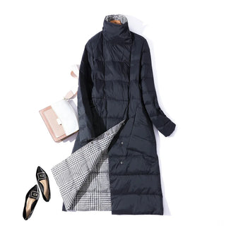 Buy black-plaid 2022 Women Winter Coat Stand Collar White Duck Down Inner Women Light Long Jacket Coat Women Coat Casaco Feminino Parkas