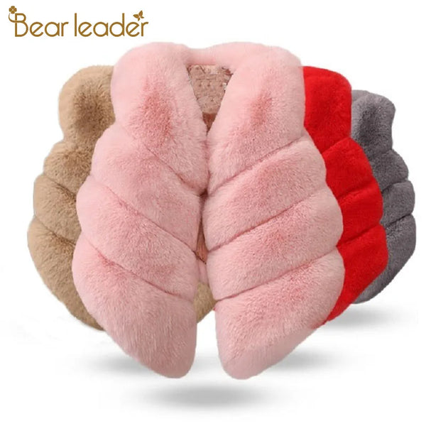 Bear Leader Girls Warm Coats 2023 New Winter Thick Faux Fur Jackets Cartoon Ear Fluffy Outerwear Long Sleeve Cute Coats 2 7Y