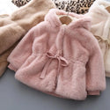 2021 Girls Kids Winter Coat Fake Fur Soft Velvet Thickening Warm Hooded Coats Cute Baby Belt Overcoats Children Clothing 0-8t