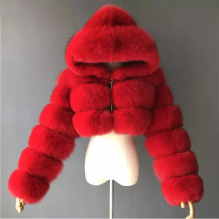 Buy red High Quality Furry Cropped Faux Fur Coats and Jackets Women Fluffy Top Coat With Hooded Winter Fur Jacket Manteau Femme