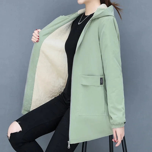 4XL Women Windbreaker Winter Autumn Women's Fleece Jacket Coats Loose Hooded Mid Long Overcoat Zipper Pocket Female Basic Coat