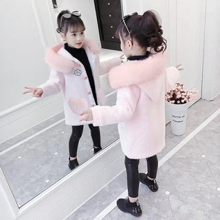 Buy pink-fur-collar 2024 New Fashion Kids Girl Overcoat Autumn Winter Clothes Wool Coat for Teens Jacket Warm Long Outerwear Coats Children Clothing