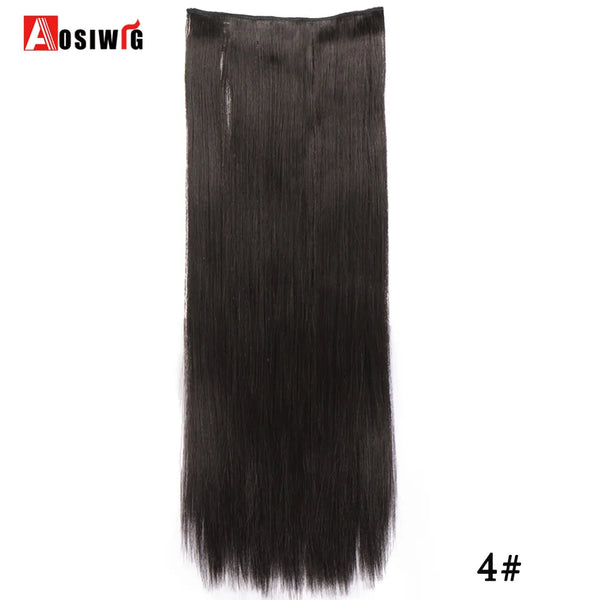 AOSIWIG Long Straight Natural Fake Hairpieces Black Brown Color  High Temperture Synthetic 5 Clip in Hair Extensions for Women