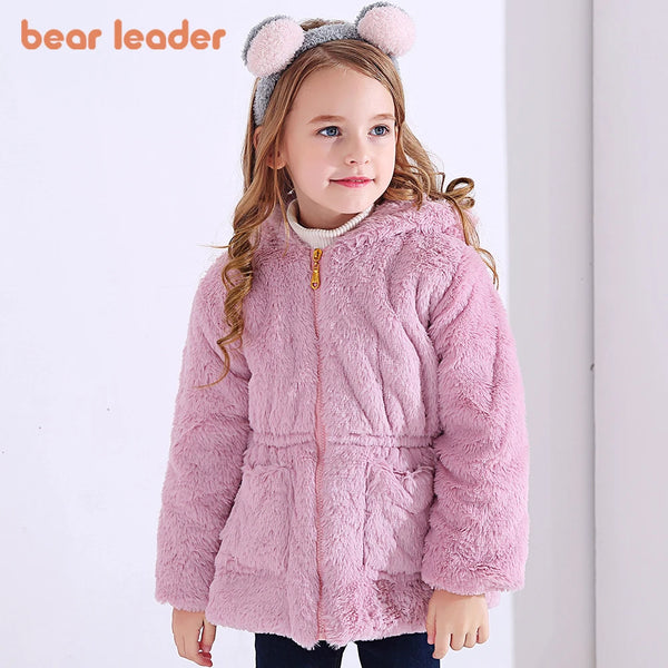 Bear Leader Girls Warm Coats 2023 New Winter Thick Faux Fur Jackets Cartoon Ear Fluffy Outerwear Long Sleeve Cute Coats 2 7Y