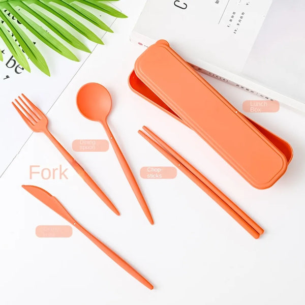 4Pcs Wheat Straw Dinnerware Set Portable Tableware Knife Fork Spoon Eco-Friendly Travel Cutlery Set Utensil Box Chopsticks Set