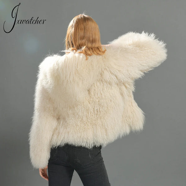 Jxwatcher Winter Coat for Women Real Mongolian Sheep Fur Coats With Hood Fashion Thick Warm Jacket Ladies Fall Natural Fur Coat