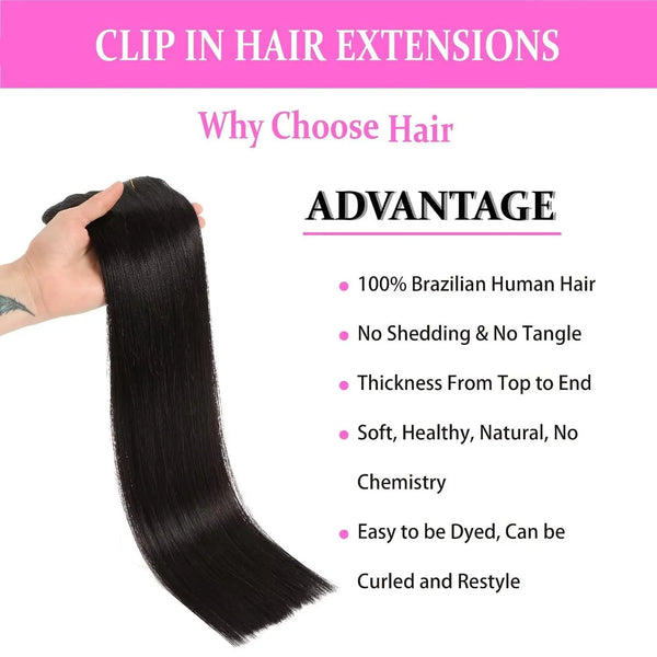 Clip in Hair Extensions Human Hair Brazilian Virgin Hair Natural Straight Seamless Clip on Hair Extensions Invisible Clip Ins 1B