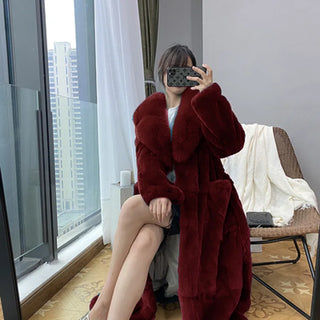 Buy burgundy 2023 Plus Size 5xl Winter Coat Women Fashion Belt X Long v Neck Thick Warm Faux Fox Fur Winter Coats for Women  B051