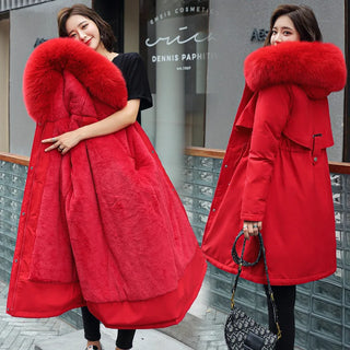 Buy red 2022 New Cotton Thicken Warm Winter Jacket Coat Women Casual Parka Winter Clothes Fur Lining Hooded Parka Mujer Coats Clothes