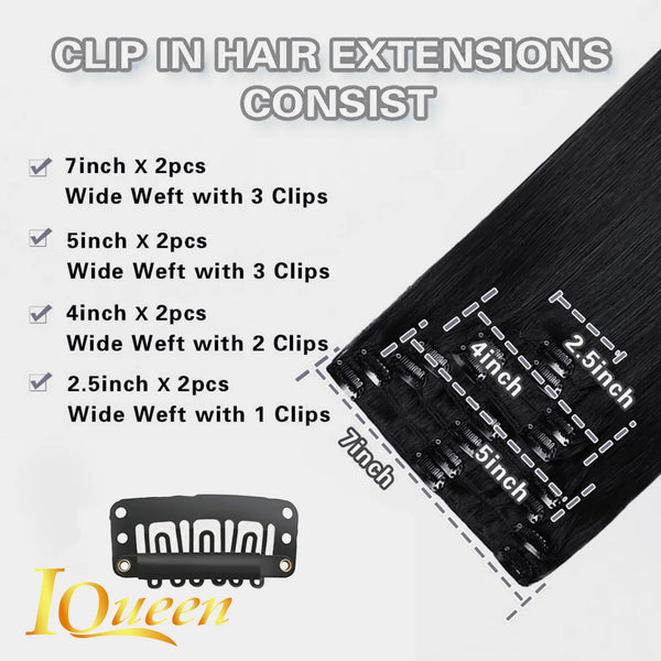 Clip in Hair Extensions Real Human Hair 16 Inch #1B  Dark Brown Color Straight Hair Extensions Clip Ins for Women Clip in Human