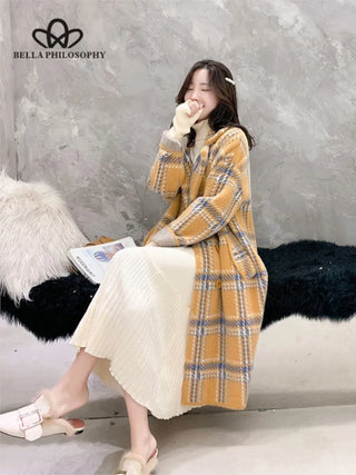 Buy a-yellow Bella Philosophy Winter Plaid Women Faux Mink Cashmere Woolen Coat Ladies Casual Turn-Down Collar Coats Female Warm Outwear