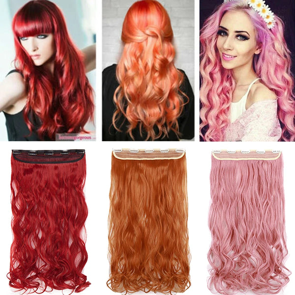 BENEHAIR Synthetic Hairpieces 24" 5 Clips in Hair Extension One Piece Long Curly Hair Extension for Women Pink Red Purple Hair