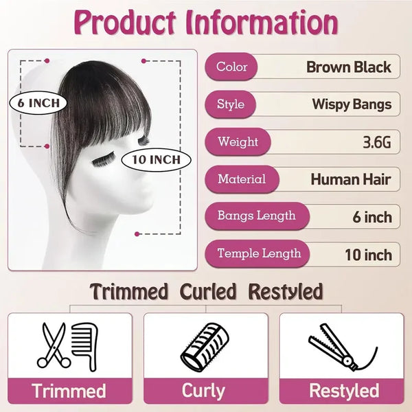 100% Human Hair Black Brown Invisible Hair Bangs Clip in Straight Bangs and Sideburns