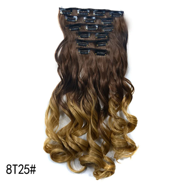 16 Clips Clip in Hair Extension Long Synthetic Hair Heat Resistant Hairpiece Natural Wavy Ombre Hair Piece 6Pcs/Set 20Inch LIHUI