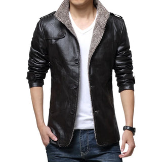 Buy black 2024 Winter Warm Faux Leather Jacket Men Solid Long Sleeve PU Leather Coat Stand Collar Thick Slim Fit Men Jacket Trench Coats