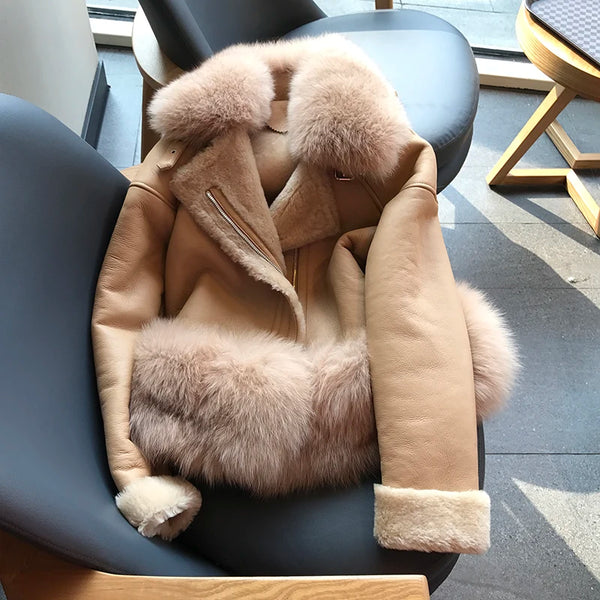 2019 Luxury Women's Real Fur Coat Thick Lamb Wool Fur Jacket Long Sheep Shearling Female Jackets Winter With Fox Coats