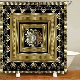 Buy only-shower-curtain1 3D Luxury Black Gold Greek Key Meander Baroque Bathroom Curtains Shower Curtain Set for Bathroom Modern Geometric Bath Rug Decor