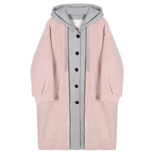 Autumn and Winter Korean Version the New Fake Two Long Cardigan Coat Female Y2K Fashion Lamb Hair Lazy Wind Hooded Woolen Coats